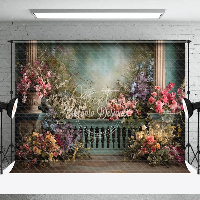 Aperturee - Aperturee Elegant Floral Garden Photography Backdrop Columns and Romantic Balustrade for Weddings and Portraits
