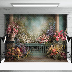 Aperturee - Aperturee Elegant Floral Garden Photography Backdrop Columns and Romantic Balustrade for Weddings and Portraits