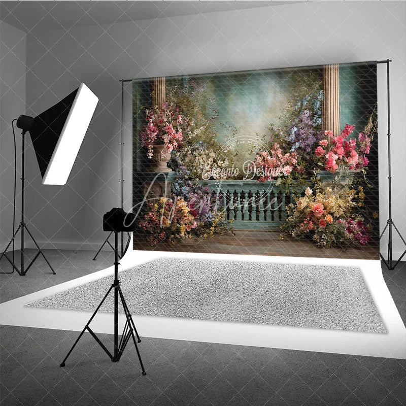 Aperturee - Aperturee Elegant Floral Garden Photography Backdrop Columns and Romantic Balustrade for Weddings and Portraits