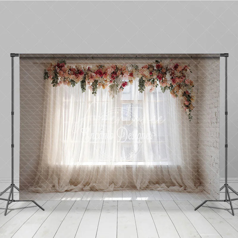 Aperturee - Aperturee Elegant Floral Garland Sheer Curtain Window Photography Backdrop White Brick Wall Wooden Floor for Romantic Portraits