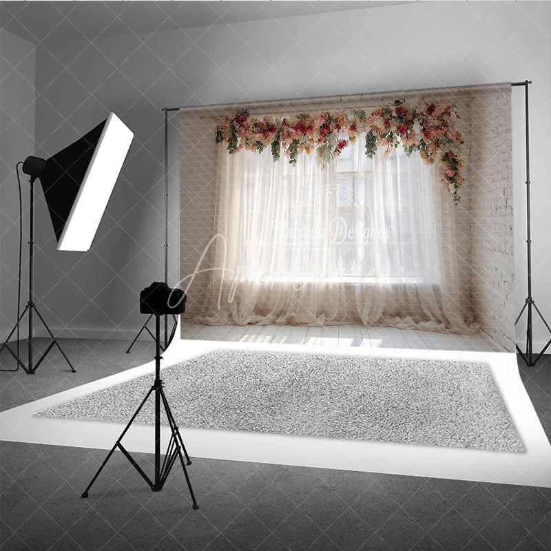 Aperturee - Aperturee Elegant Floral Garland Sheer Curtain Window Photography Backdrop White Brick Wall Wooden Floor for Romantic Portraits