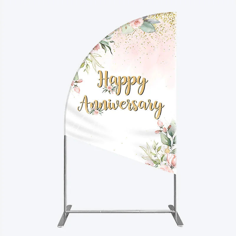 Aperturee - Aperturee Elegant Floral Happy Anniversary Half Moon Arch Backdrop Romantic Pink Rose Party Decor