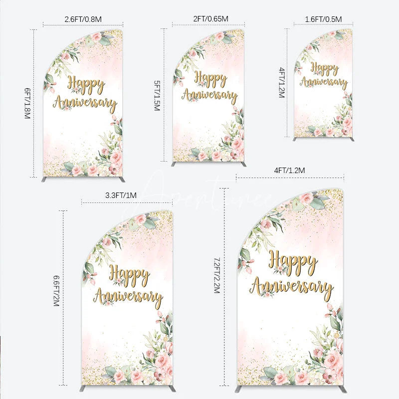 Aperturee - Aperturee Elegant Floral Happy Anniversary Half Moon Arch Backdrop Romantic Pink Rose Party Decor