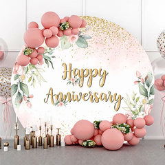 Aperturee - Aperturee Elegant Floral Happy Anniversary Round Backdrop Romantic Pink Rose and Gold Glitter Party Decor