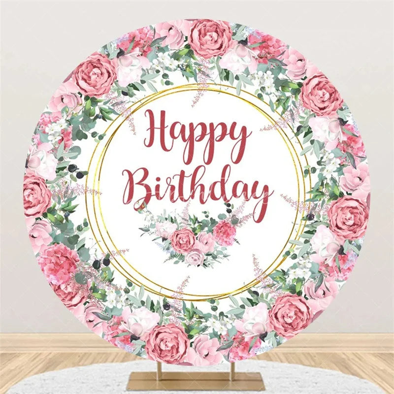 Aperturee - Aperturee Elegant Floral Happy Birthday Round Backdrop Gold Frame Flower Background for Party