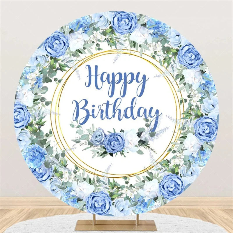 Aperturee - Aperturee Elegant Floral Happy Birthday Round Backdrop Gold Frame Flower Background for Party
