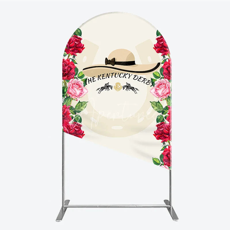 Aperturee - Aperturee Elegant Floral Horse Racing Derby Day Round Top Arch Backdrop with Watercolor Roses and a Stylish Hat