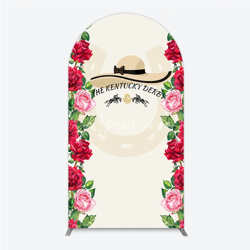 Aperturee - Aperturee Elegant Floral Horse Racing Derby Day Round Top Arch Backdrop with Watercolor Roses and a Stylish Hat