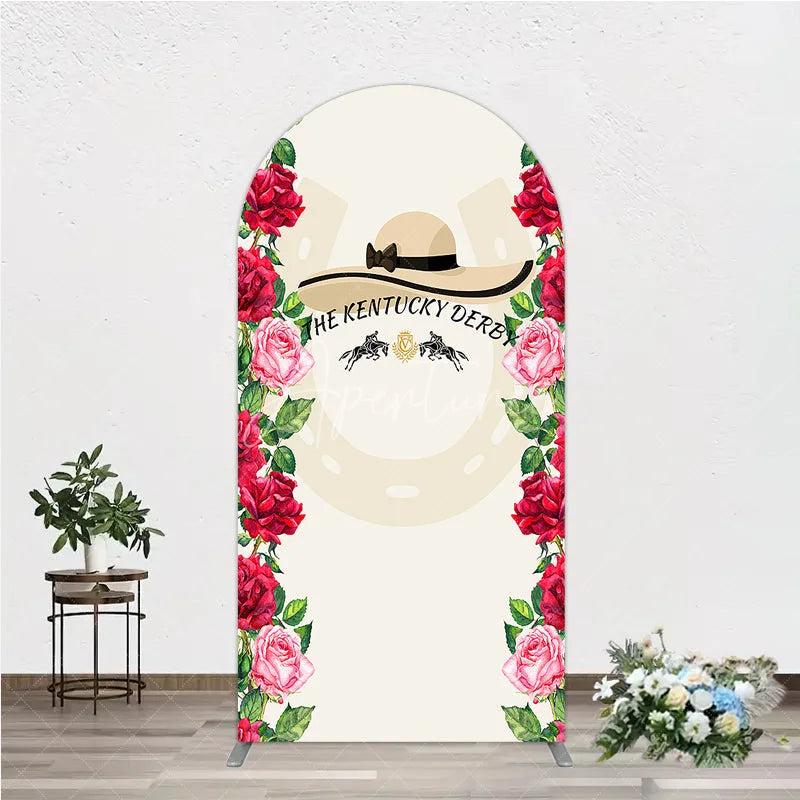 Aperturee - Aperturee Elegant Floral Horse Racing Derby Day Round Top Arch Backdrop with Watercolor Roses and a Stylish Hat