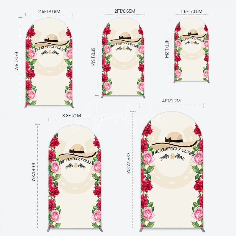 Aperturee - Aperturee Elegant Floral Horse Racing Derby Day Round Top Arch Backdrop with Watercolor Roses and a Stylish Hat