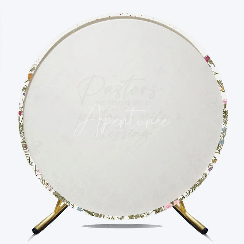 Aperturee - Aperturee Elegant Floral Pastors are Special Blessing Round Backdrop with Wildflowers Butterflies Golden Glitter Decor
