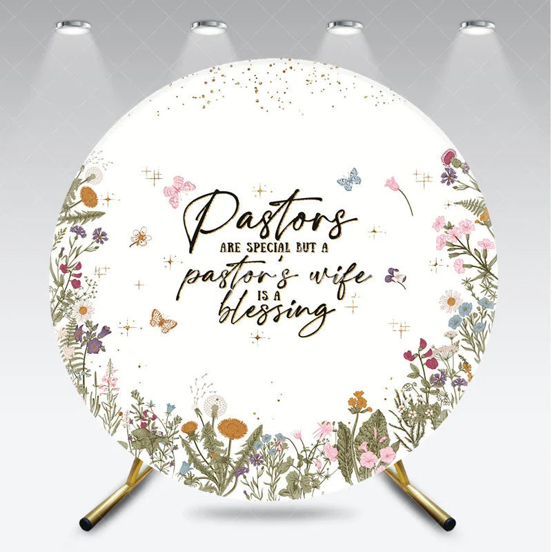 Aperturee - Aperturee Elegant Floral Pastors are Special Blessing Round Backdrop with Wildflowers Butterflies Golden Glitter Decor