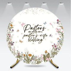 Aperturee - Aperturee Elegant Floral Pastors are Special Blessing Round Backdrop with Wildflowers Butterflies Golden Glitter Decor