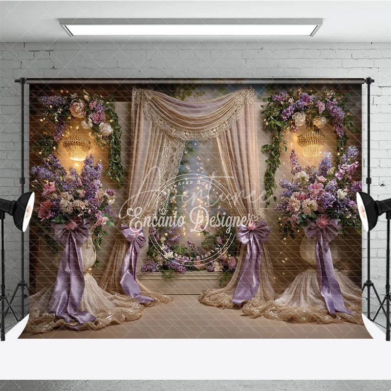 Aperturee - Aperturee Elegant Floral Photography Backdrop with Purple and Pink Flowers Golden Drapes Sparkling Chandeliers for Celebrations
