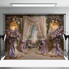Aperturee - Aperturee Elegant Floral Photography Backdrop with Purple and Pink Flowers Golden Drapes Sparkling Chandeliers for Celebrations