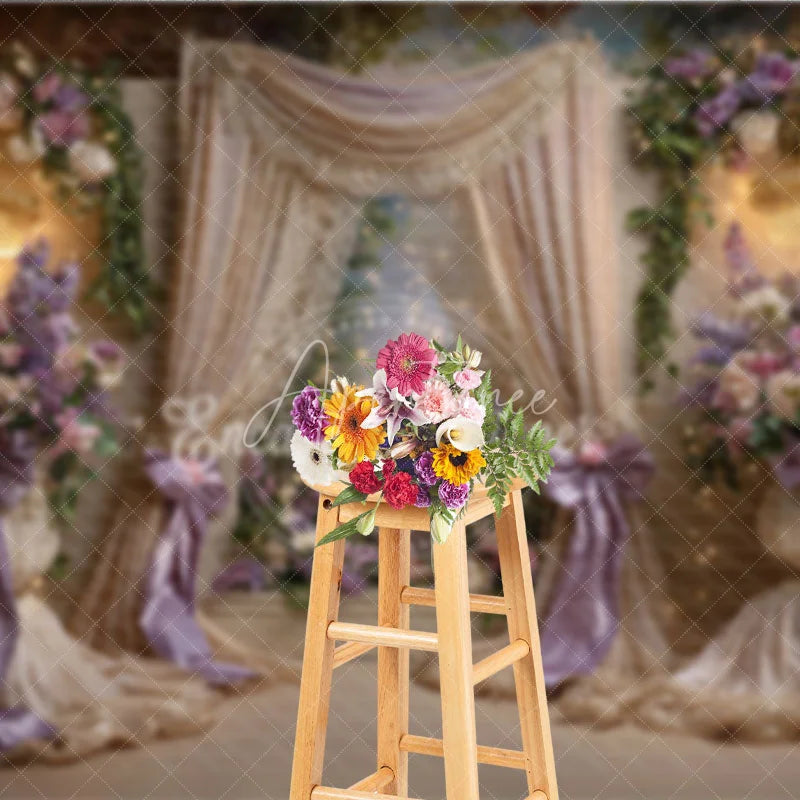 Aperturee - Aperturee Elegant Floral Photography Backdrop with Purple and Pink Flowers Golden Drapes Sparkling Chandeliers for Celebrations