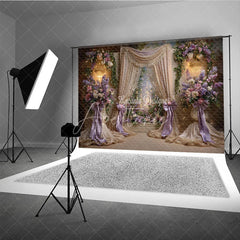 Aperturee - Aperturee Elegant Floral Photography Backdrop with Purple and Pink Flowers Golden Drapes Sparkling Chandeliers for Celebrations