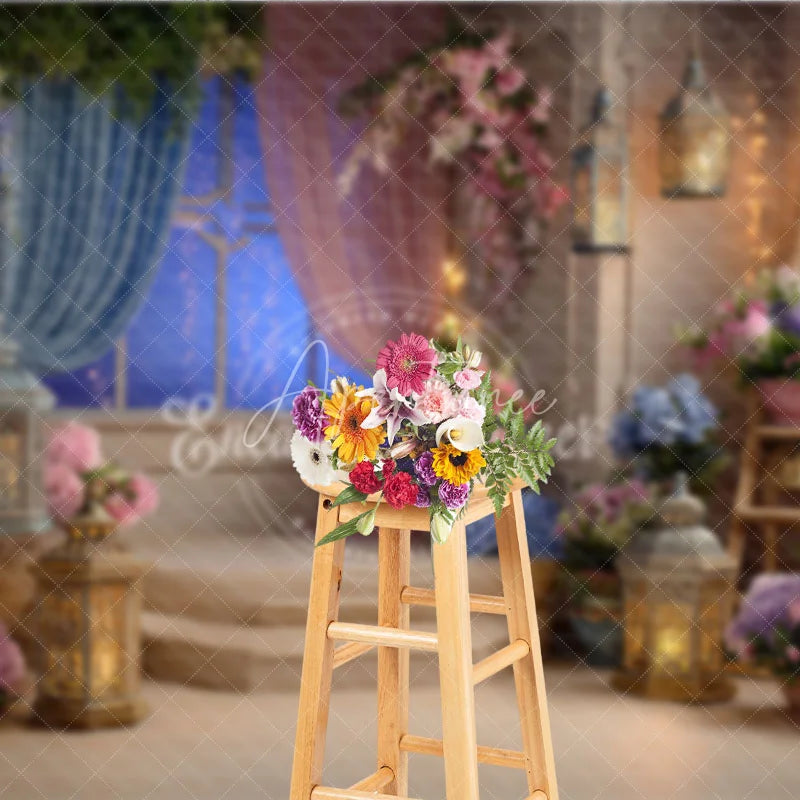 Aperturee - Aperturee Elegant Floral Photography Backdrop with Starry Night Window and Romantic Lanterns for Baby Shower Birthday