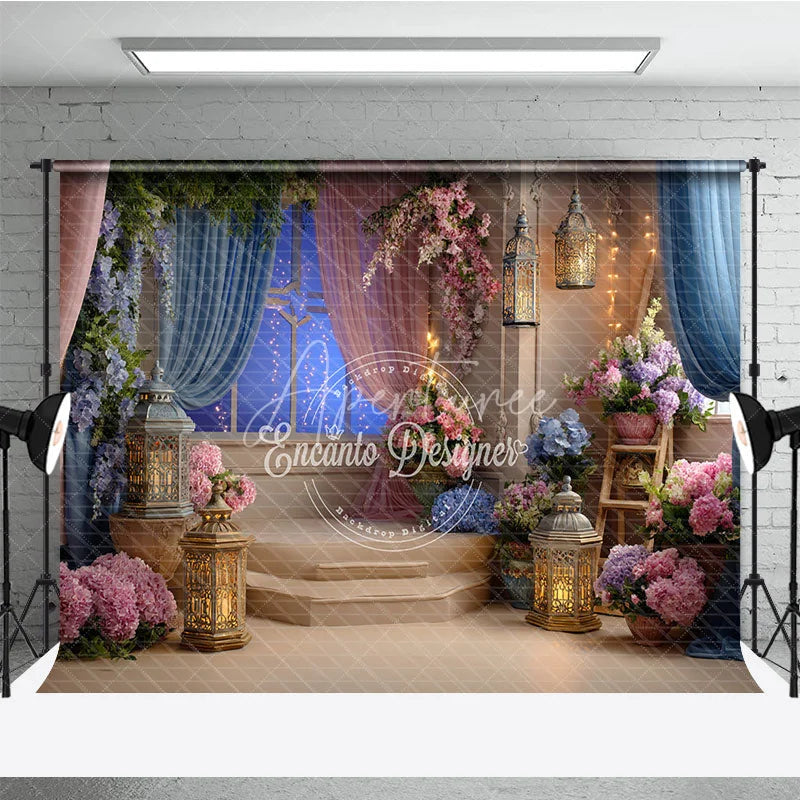 Aperturee - Aperturee Elegant Floral Photography Backdrop with Starry Night Window and Romantic Lanterns for Baby Shower Birthday