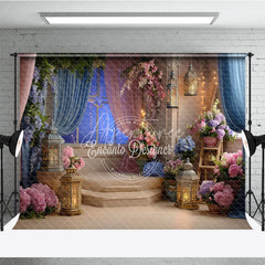 Aperturee - Aperturee Elegant Floral Photography Backdrop with Starry Night Window and Romantic Lanterns for Baby Shower Birthday