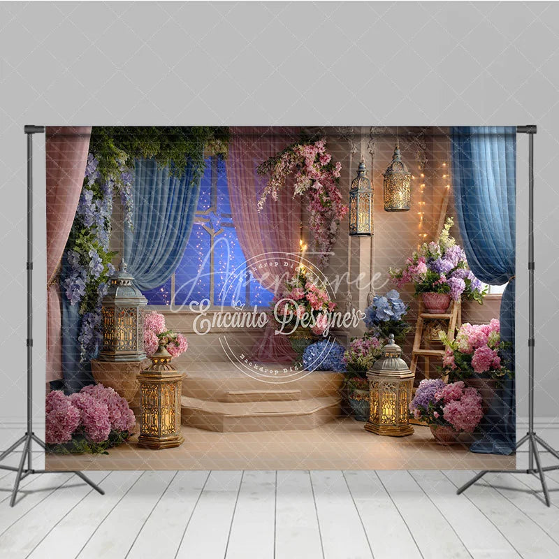 Aperturee - Aperturee Elegant Floral Photography Backdrop with Starry Night Window and Romantic Lanterns for Baby Shower Birthday