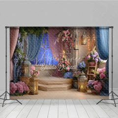 Aperturee - Aperturee Elegant Floral Photography Backdrop with Starry Night Window and Romantic Lanterns for Baby Shower Birthday