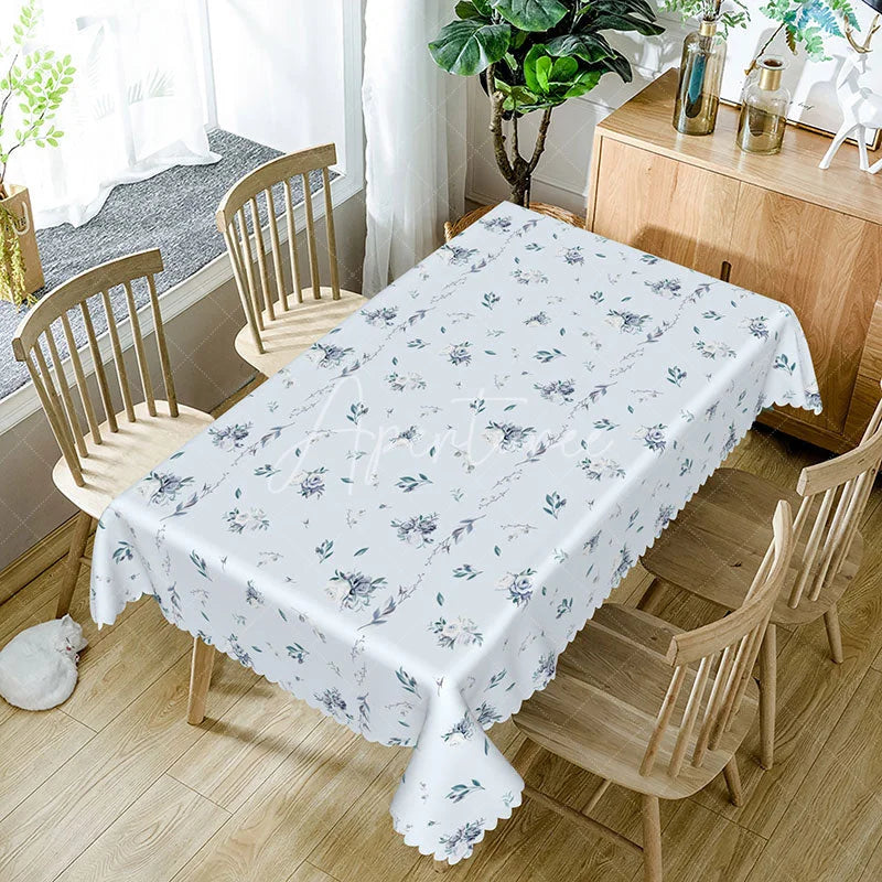 Aperturee - Aperturee Elegant Floral Rectangle Tablecloth Blue Botanical Print on White Simple Farmhouse Kitchen Dining Decor