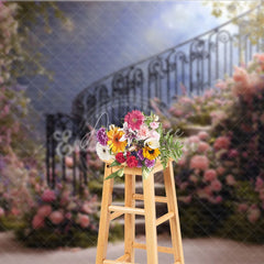 Aperturee - Aperturee Elegant Floral Staircase Photography Backdrop Romantic Pink and Purple Garden Theme for Wedding Photoshoot