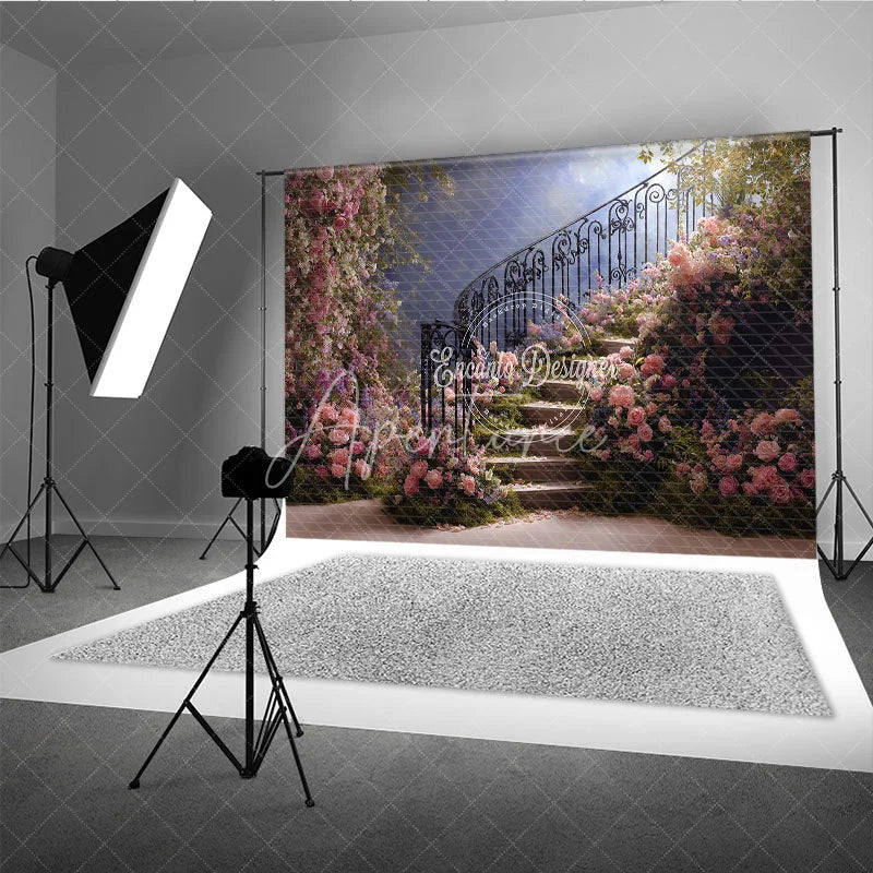 Aperturee - Aperturee Elegant Floral Staircase Photography Backdrop Romantic Pink and Purple Garden Theme for Wedding Photoshoot