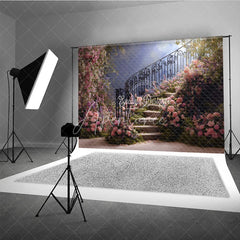 Aperturee - Aperturee Elegant Floral Staircase Photography Backdrop Romantic Pink and Purple Garden Theme for Wedding Photoshoot