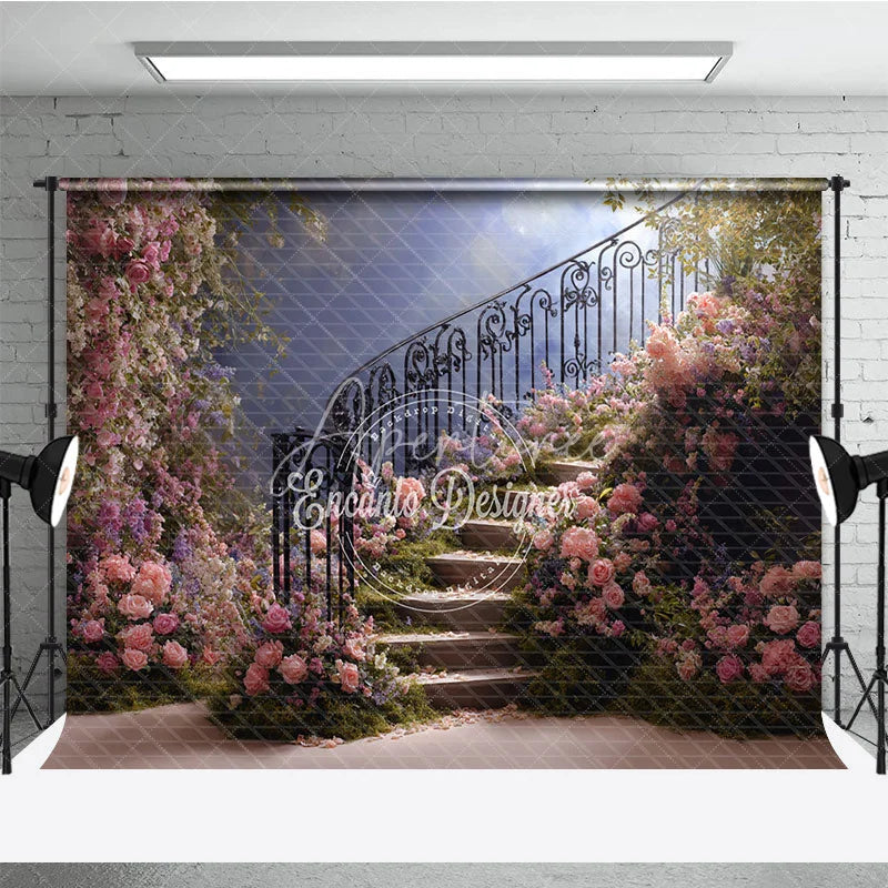 Aperturee - Aperturee Elegant Floral Staircase Photography Backdrop Romantic Pink and Purple Garden Theme for Wedding Photoshoot