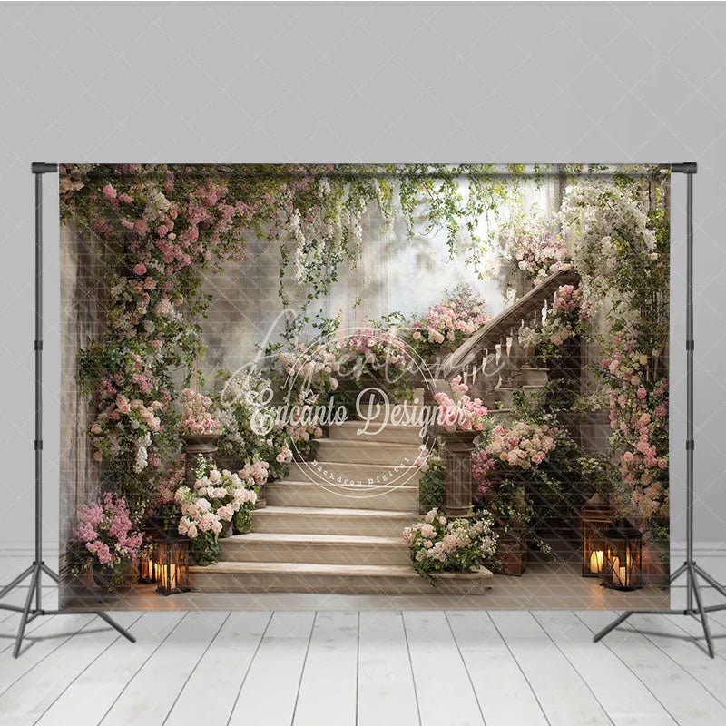 Aperturee - Aperturee Elegant Floral Staircase with Blooming Roses Photography Backdrop Romantic Garden Party Decor