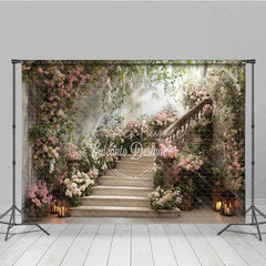 Aperturee - Aperturee Elegant Floral Staircase with Blooming Roses Photography Backdrop Romantic Garden Party Decor