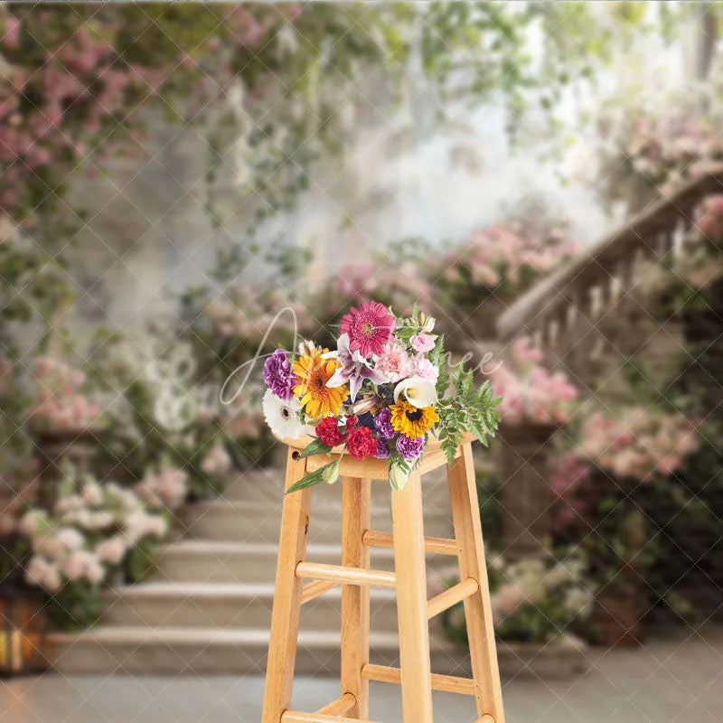 Aperturee - Aperturee Elegant Floral Staircase with Blooming Roses Photography Backdrop Romantic Garden Party Decor