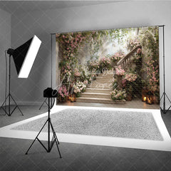 Aperturee - Aperturee Elegant Floral Staircase with Blooming Roses Photography Backdrop Romantic Garden Party Decor