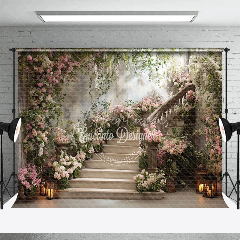 Aperturee - Aperturee Elegant Floral Staircase with Blooming Roses Photography Backdrop Romantic Garden Party Decor