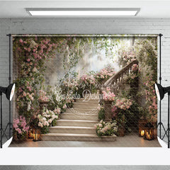 Aperturee - Aperturee Elegant Floral Staircase with Blooming Roses Photography Backdrop Romantic Garden Party Decor