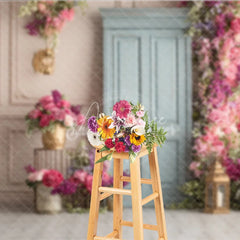 Aperturee - Aperturee Elegant Floral Wedding Backdrop Dusty Blue Door with Pink Roses Bridal Shower Photography Background Decor