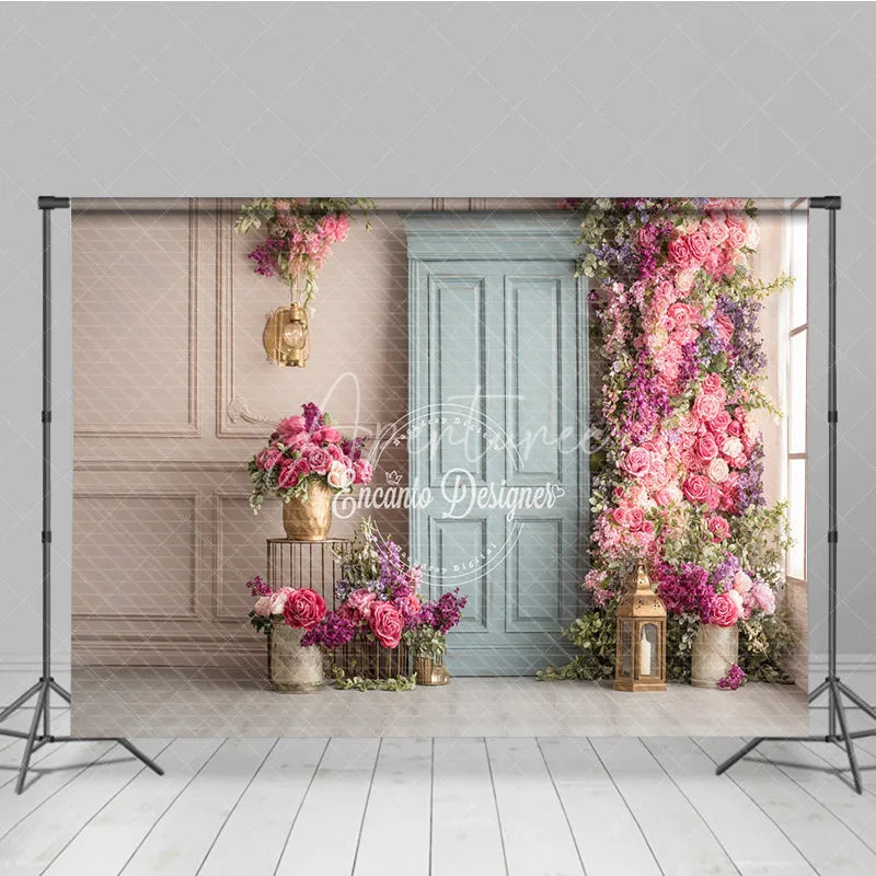 Aperturee - Aperturee Elegant Floral Wedding Backdrop Dusty Blue Door with Pink Roses Bridal Shower Photography Background Decor