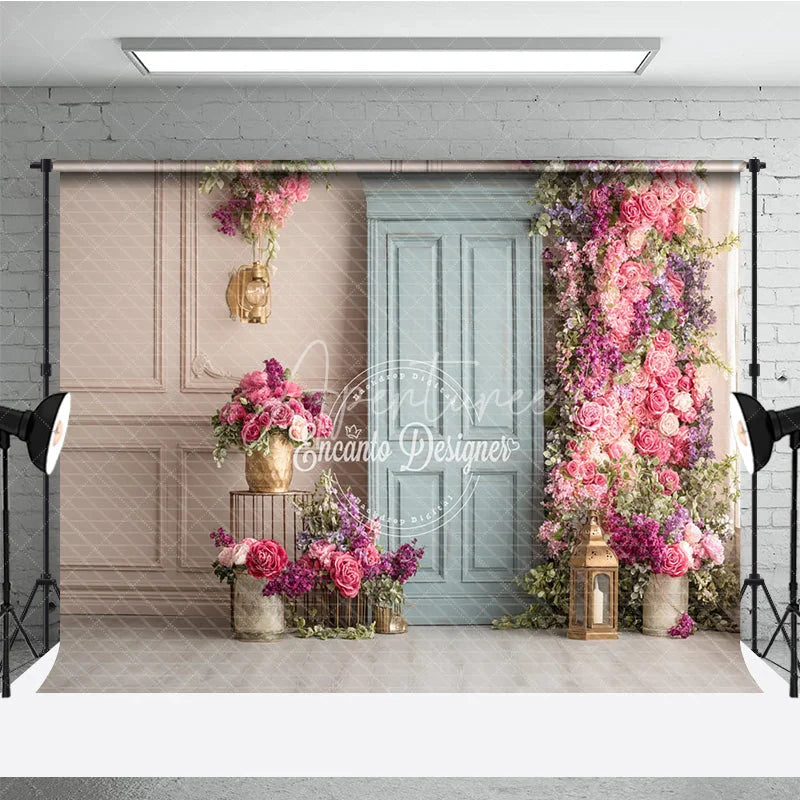 Aperturee - Aperturee Elegant Floral Wedding Backdrop Dusty Blue Door with Pink Roses Bridal Shower Photography Background Decor
