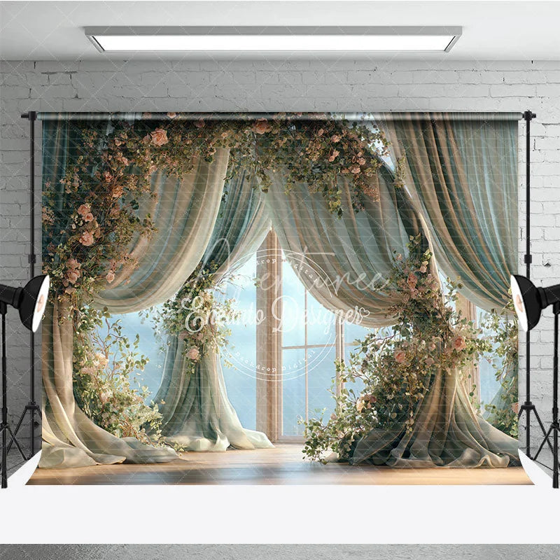 Aperturee - Aperturee Elegant Floral Window Photography Backdrop with Flowing Curtains and Pink Roses Dreamy Portrait Studio Prop