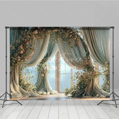 Aperturee - Aperturee Elegant Floral Window Photography Backdrop with Flowing Curtains and Pink Roses Dreamy Portrait Studio Prop