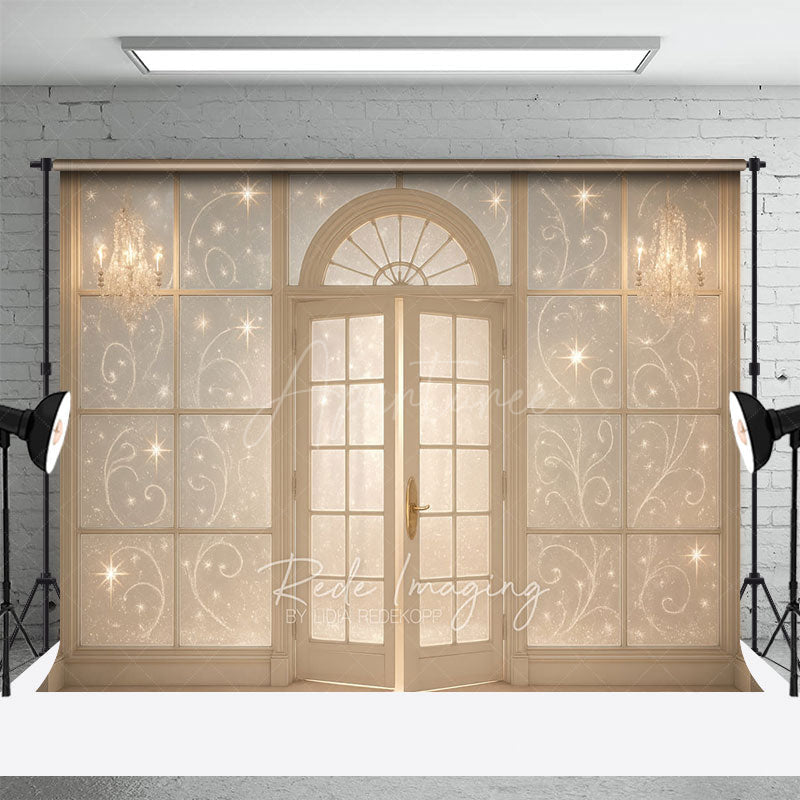 Aperturee - Aperturee Elegant French Doors with Sparkles Photography Backdrop Winter Palace Ballroom Christmas or Wedding Photos
