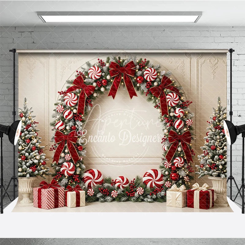 Aperturee - Aperturee Elegant Frosted Pine Holiday Backdrop with Red Velvet Bows Candy Canes and Christmas Trees Festive Celebration Decor