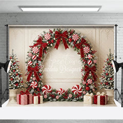 Aperturee - Aperturee Elegant Frosted Pine Holiday Backdrop with Red Velvet Bows Candy Canes and Christmas Trees Festive Celebration Decor