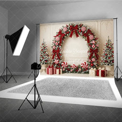 Aperturee - Aperturee Elegant Frosted Pine Holiday Backdrop with Red Velvet Bows Candy Canes and Christmas Trees Festive Celebration Decor