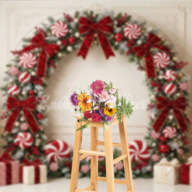Aperturee - Aperturee Elegant Frosted Pine Holiday Backdrop with Red Velvet Bows Candy Canes and Christmas Trees Festive Celebration Decor