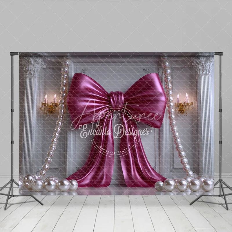 Aperturee - Aperturee Elegant Fuchsia Bow and Pearl Photography Backdrop Classic White Column Wall for Party Decor