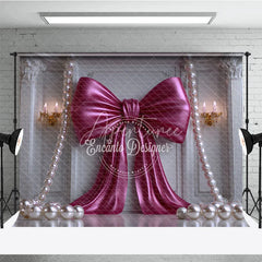 Aperturee - Aperturee Elegant Fuchsia Bow and Pearl Photography Backdrop Classic White Column Wall for Party Decor
