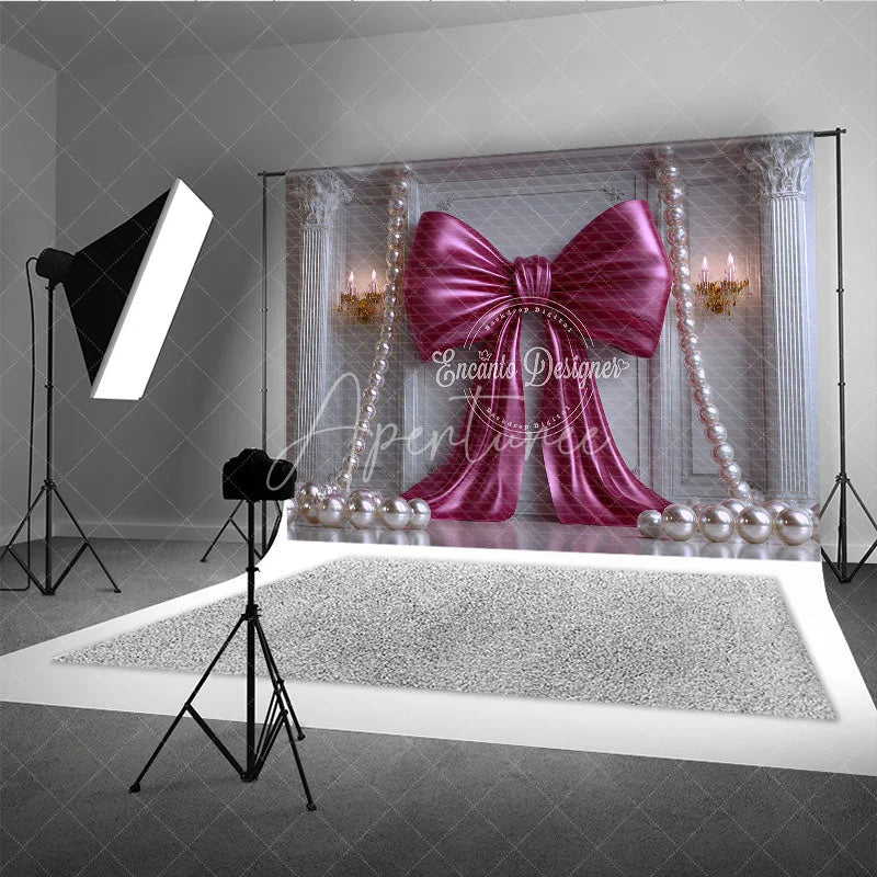 Aperturee - Aperturee Elegant Fuchsia Bow and Pearl Photography Backdrop Classic White Column Wall for Party Decor